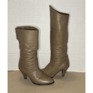Vintage 80s Taupe Tan Leather Knee High Heel Boots Slouch Fold Over Boho 5.5
